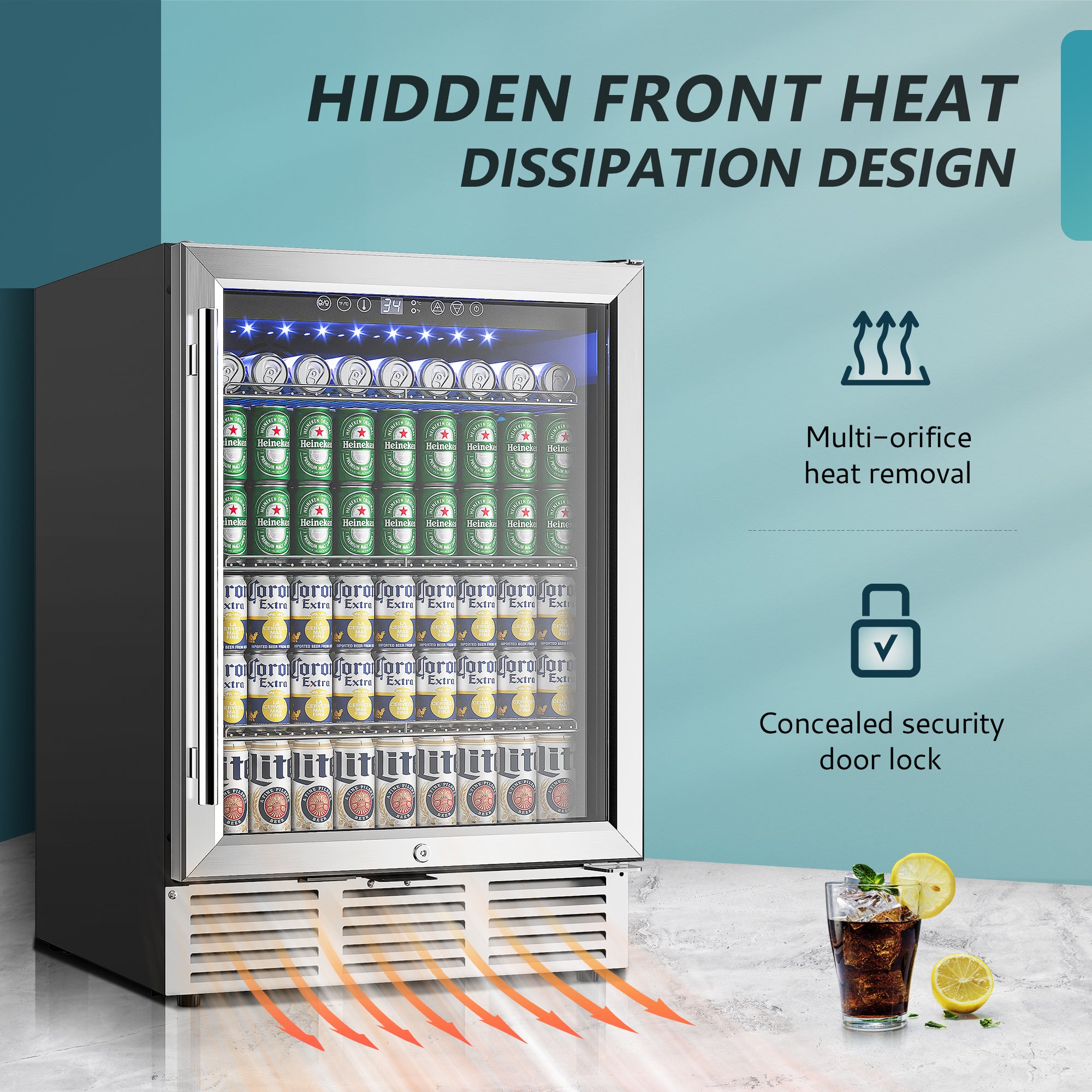 EUHOMY 5.3 cu ft under counter beverage fridge, 180 cans, glass door, LED interior, front heat dissipation.
