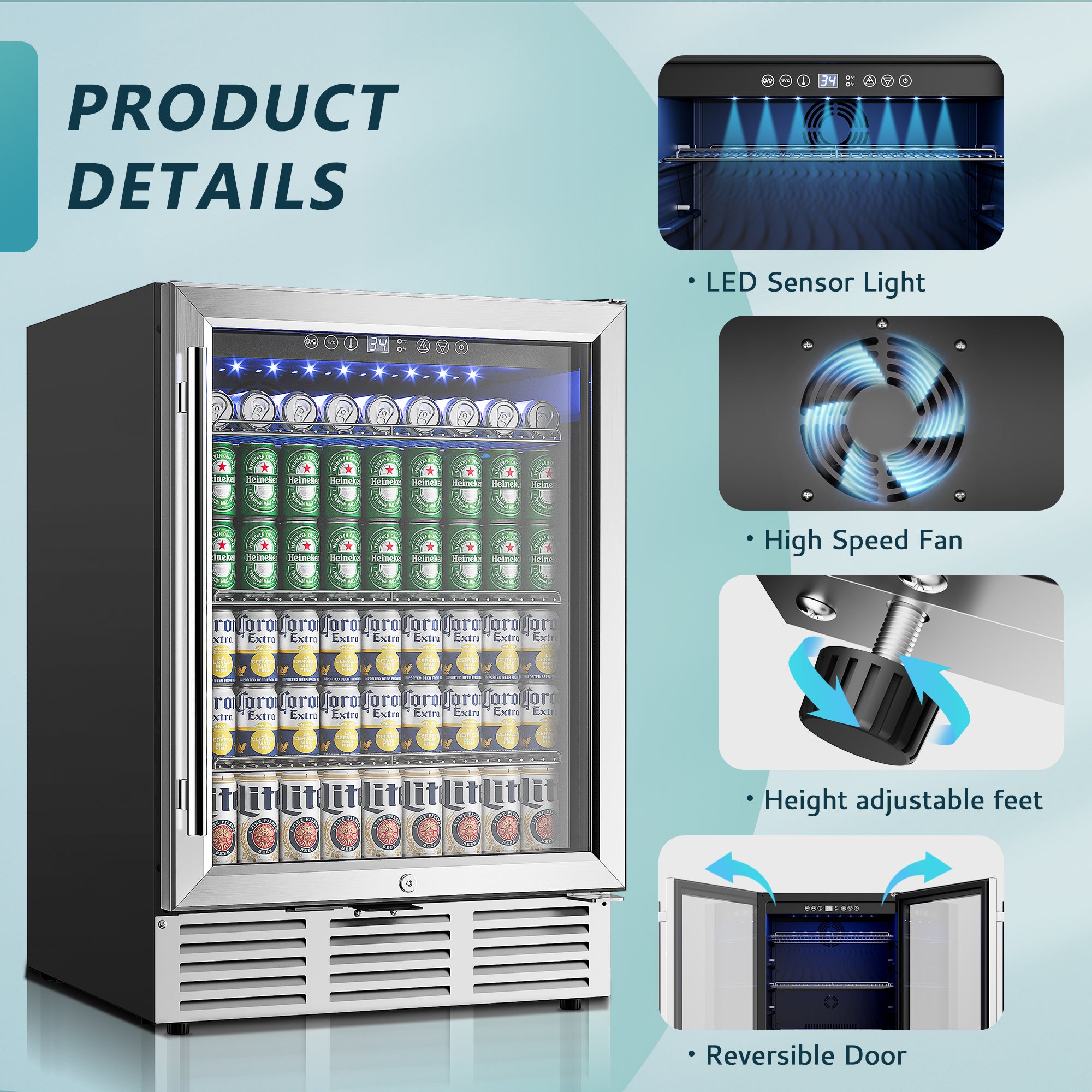 EUHOMY 5.3 cu ft beverage fridge with 180 cans, glass door, LED interior, fan, adjustable feet, and reversible door.