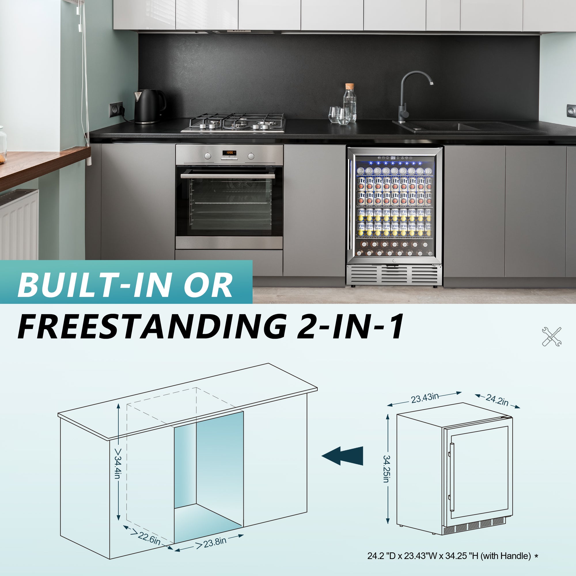 EUHOMY 5.3 cu ft beverage fridge, built-in or freestanding, with installation dimensions.