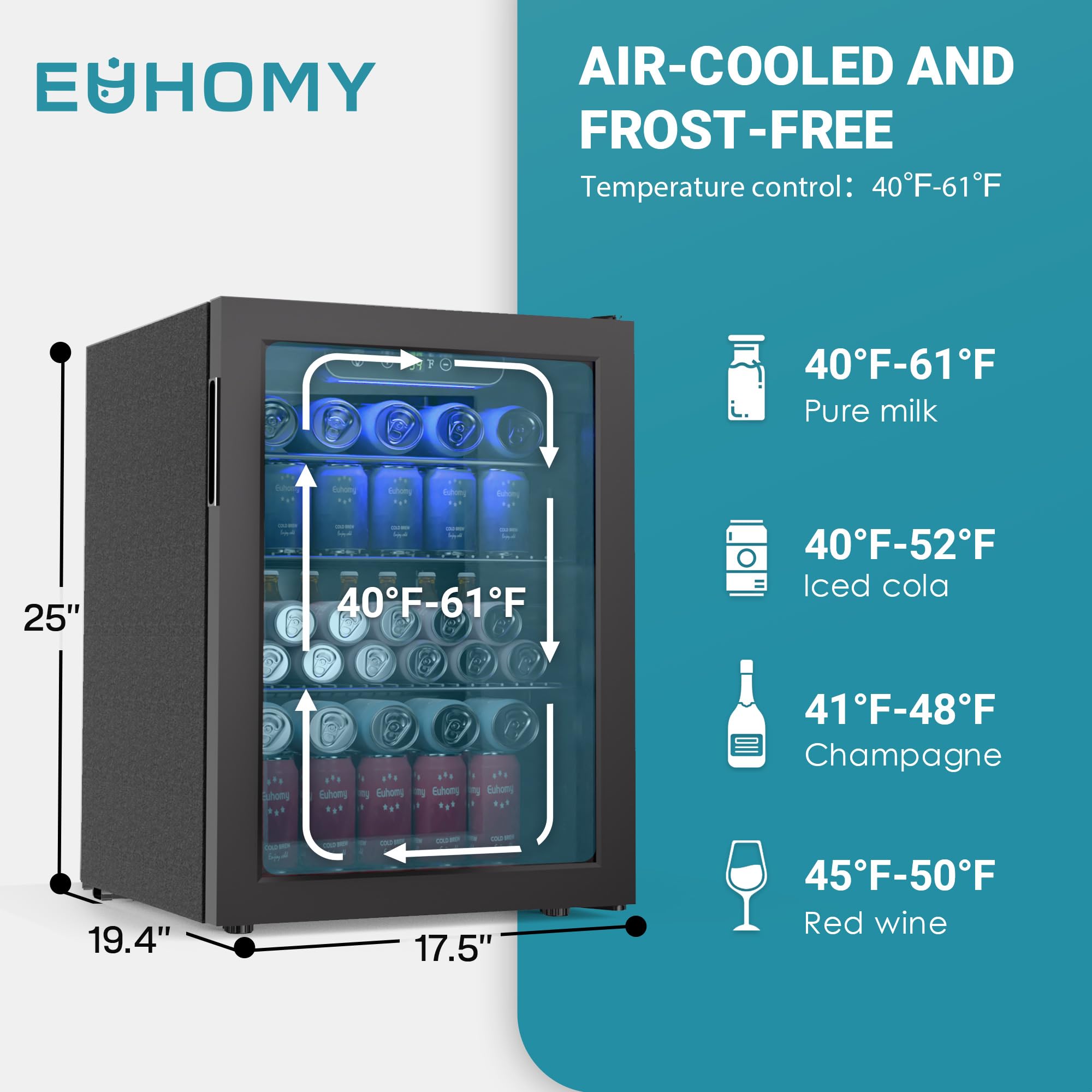 EUHOMY 100-can mini fridge, glass door, showcasing beverage capacity and temperature controls for optimal chilling.