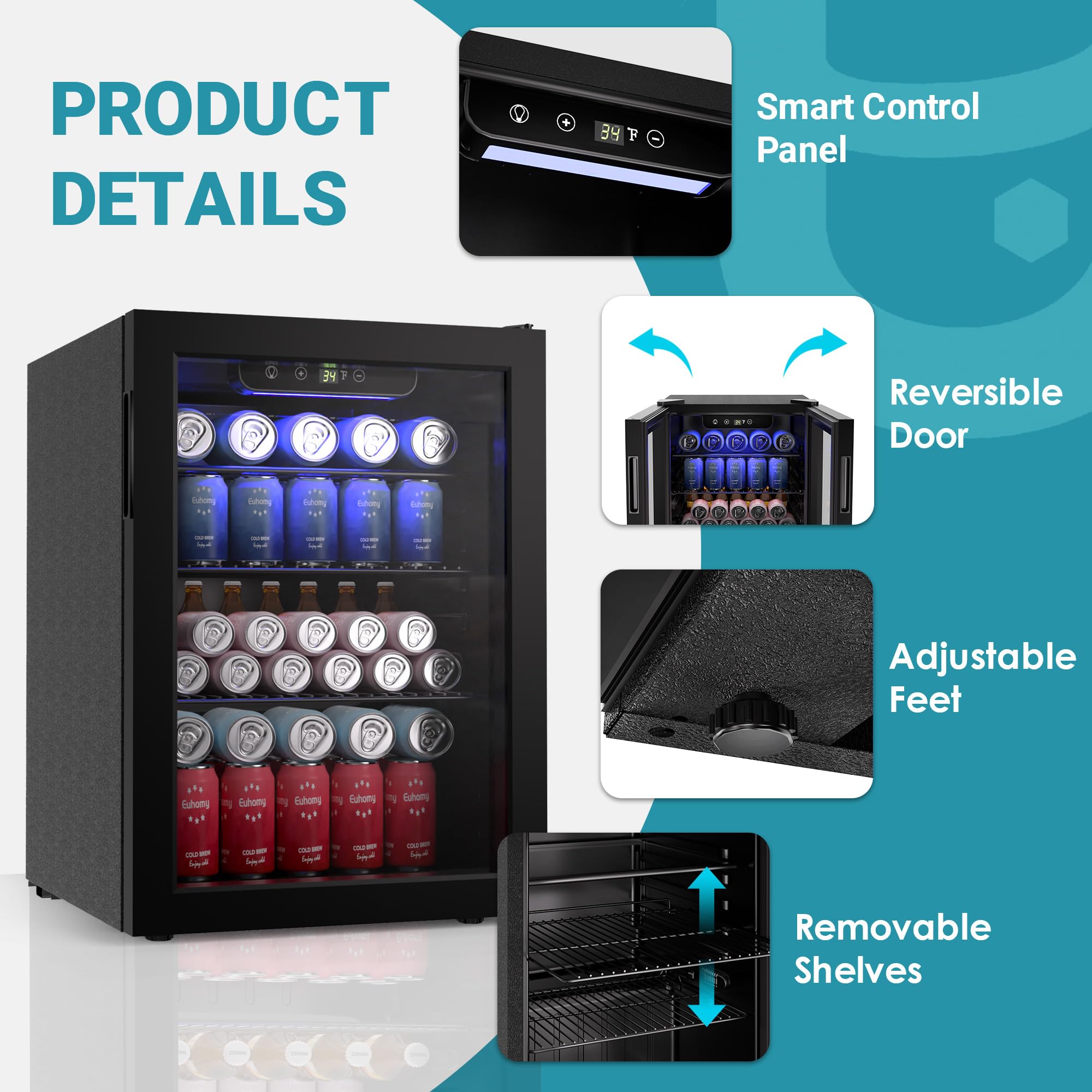 EUHOMY 100-can mini fridge features: glass door, smart control, reversible door, adjustable feet, removable shelves.