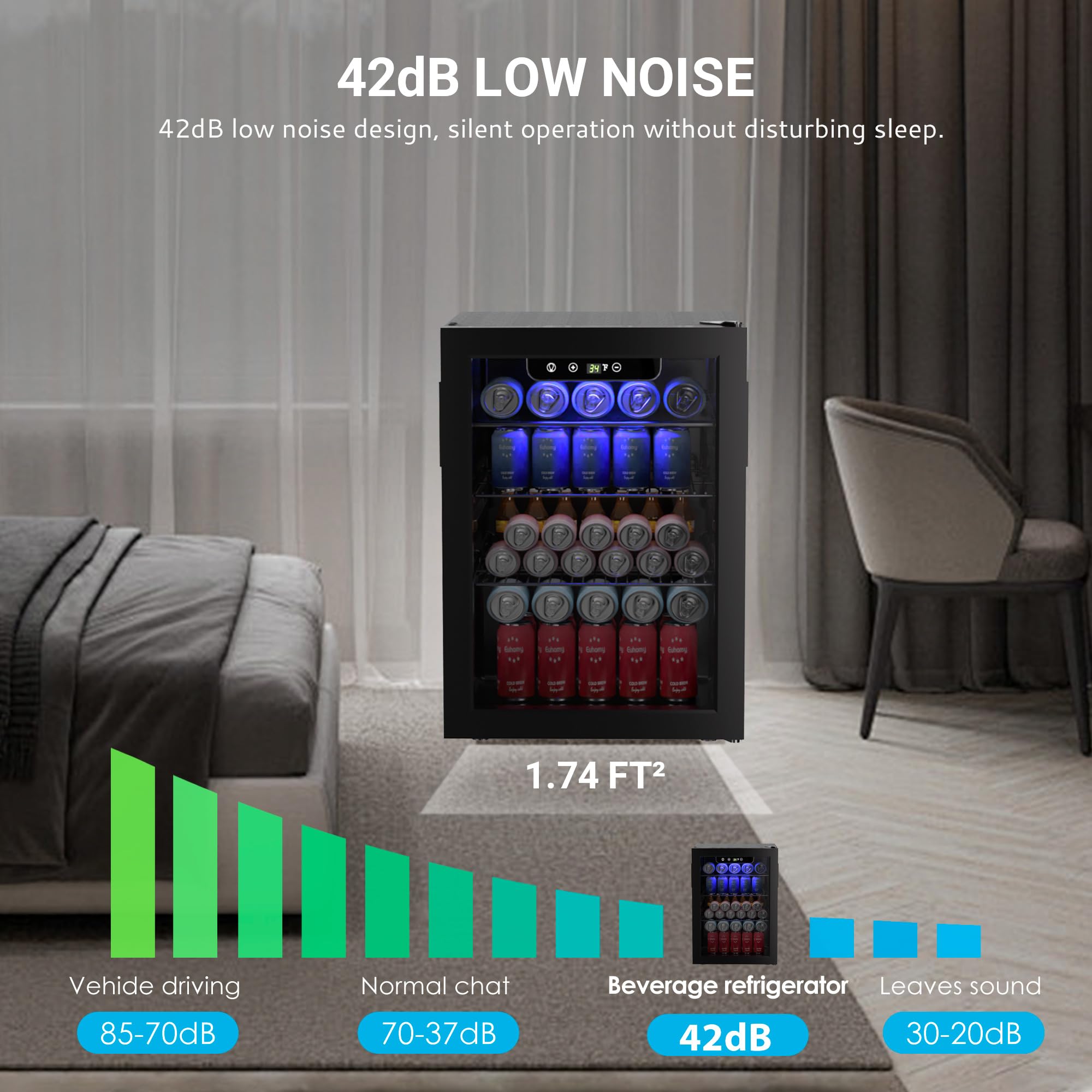 EUHOMY 100-can beverage fridge with glass door, featuring 42dB low noise for silent operation without disturbing sleep.