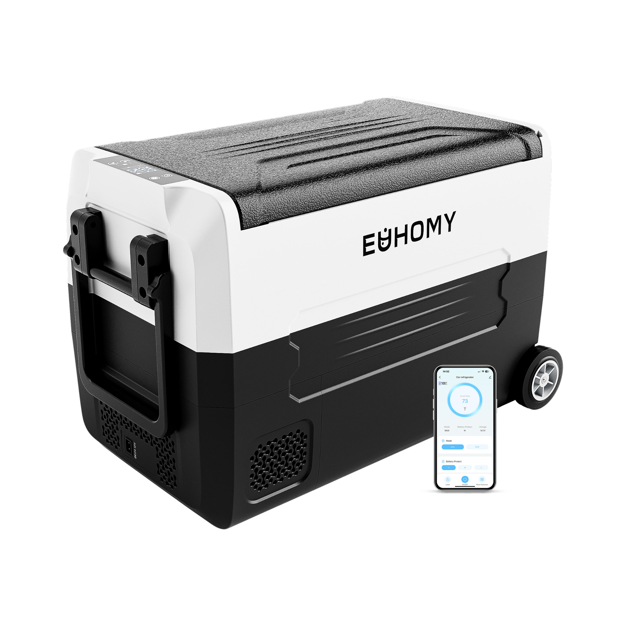 Euhomy 37-quart dual-zone portable car refrigerator with wheels, retractable handle, and app control via smartphone.