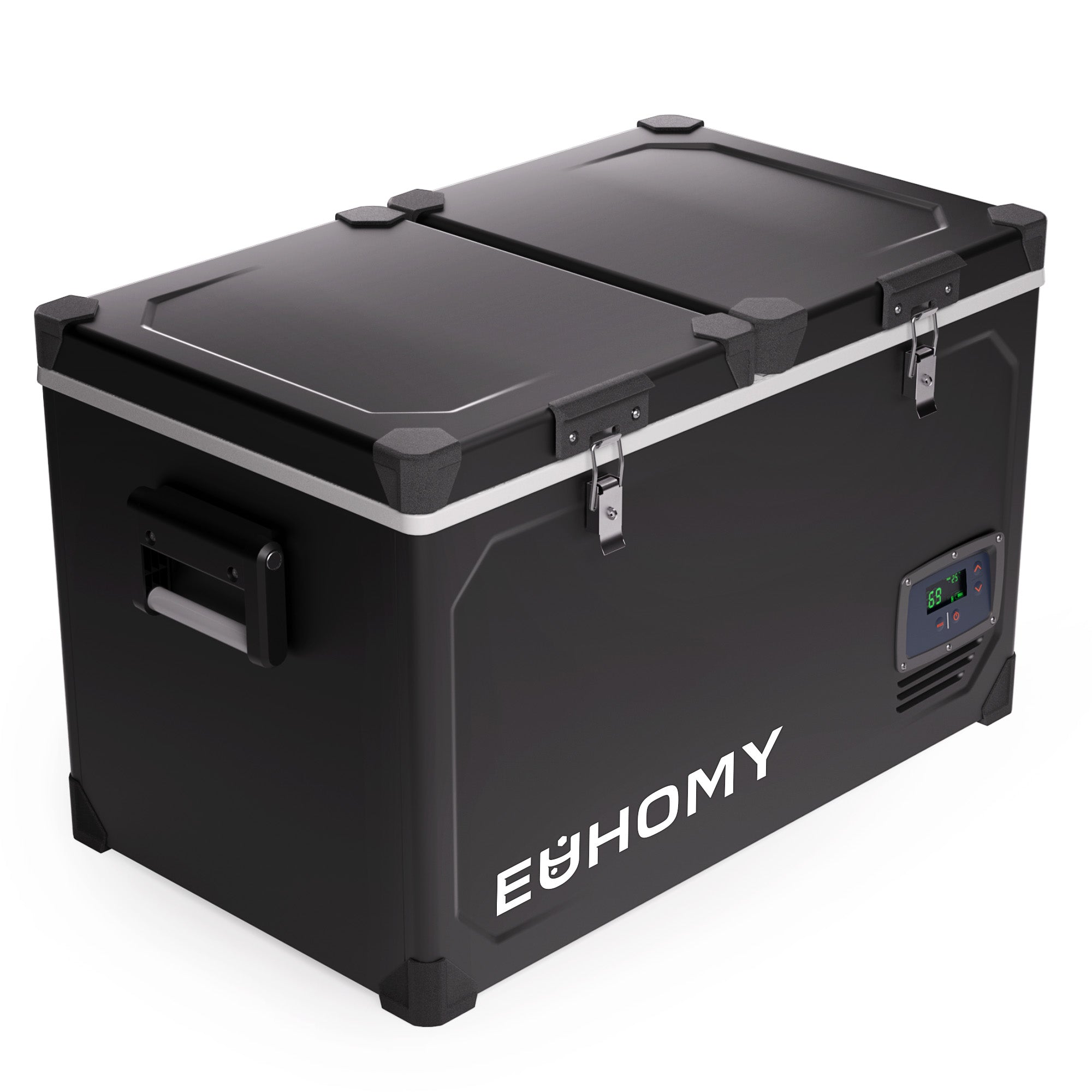 Euhomy 69qt black dual zone cooler closed. Features dual doors with locks, handle, and digital display.