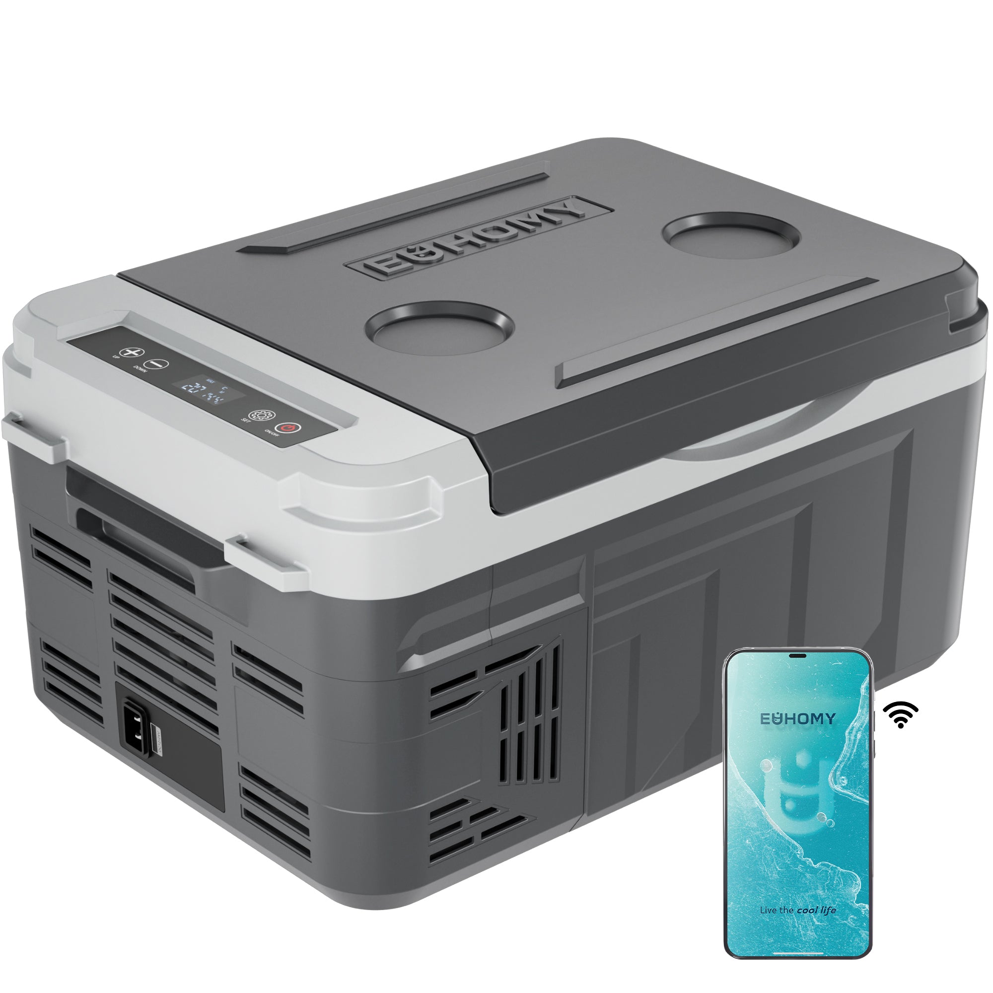 EUHOMY 10L portable car refrigerator, brown & gray, with LCD panel and smartphone app control for camping and travel.