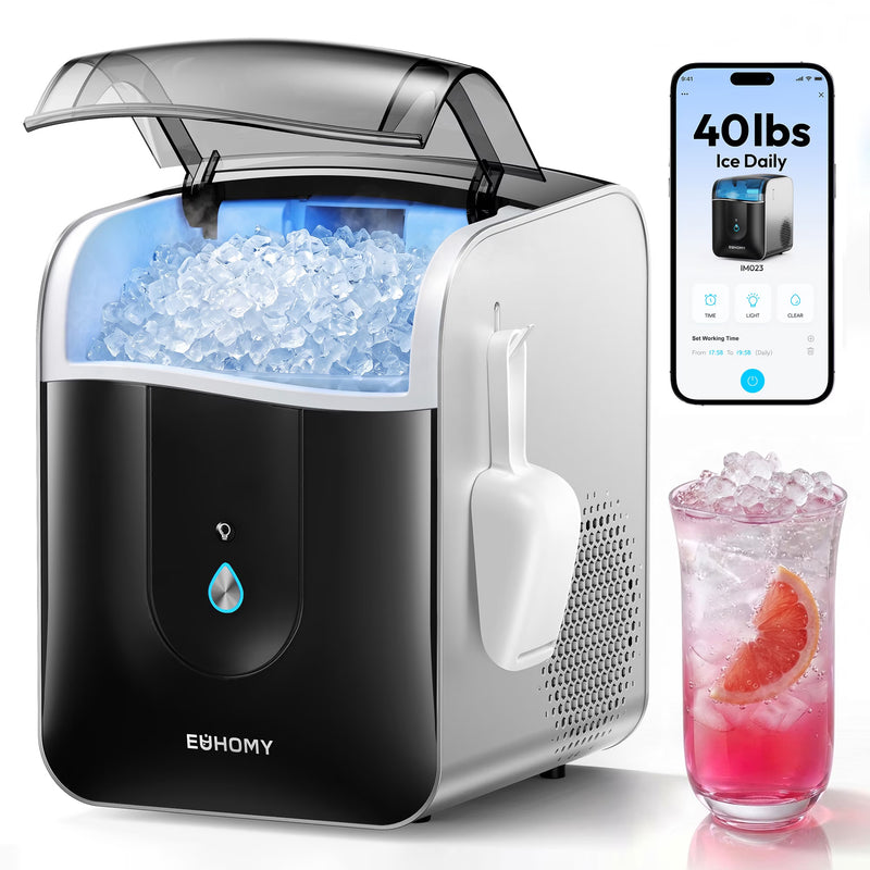 Euhomy Countertop Nugget Ice Maker, 40 lbs/24H, Self-Cleaning, Smart App, Chewable Ice, Black