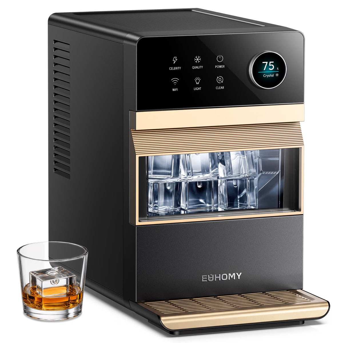 EUHOMY Countertop Clear Ice Maker, 2-Inch Large Ice Cubes, APP Control, 2 Modes, Self-Cleaning, Black