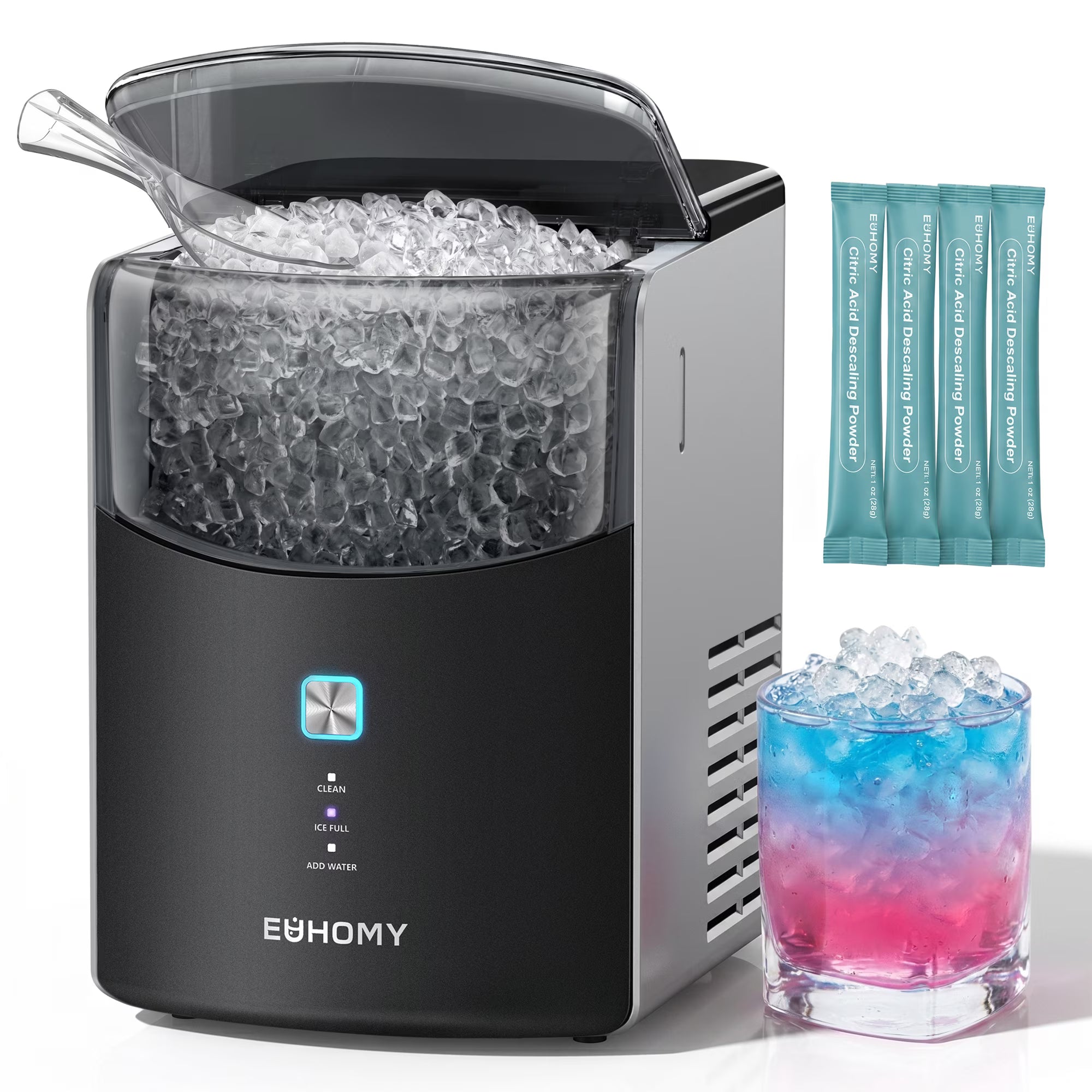 EUHOMY Countertop Nugget Ice Maker, 5-Minute Fast Ice Making, 35Lbs/24H Chewable Ice Machine with Dual-Layer Insulation, Self-Cleaning & 4 Descaling Packets, for Home, Office, Bar & RV, Black