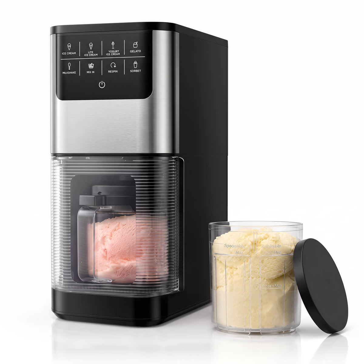 EUHOMY Ice Cream Maker with 8 One-Touch Programs, Makes Ice Cream, Gelato, Milkshakes & Sorbet, Includes 2 Pint Containers with Lids, Black/Silver