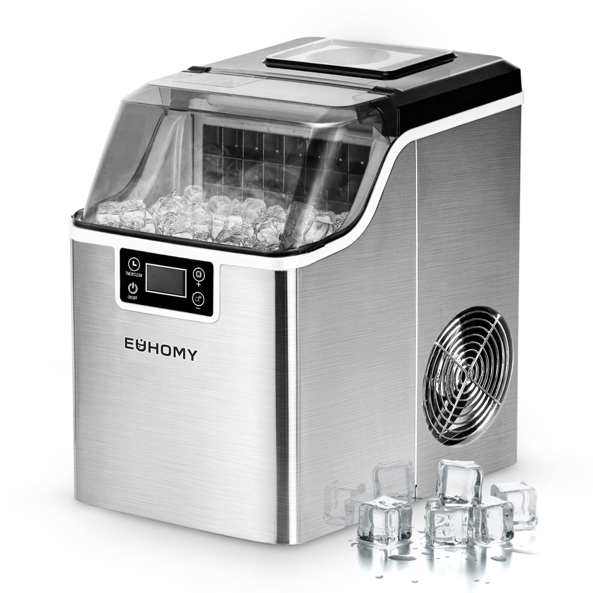 Euhomy Tile Plus stainless steel ice maker with clear lid, full ice bin, digital display. Product page.