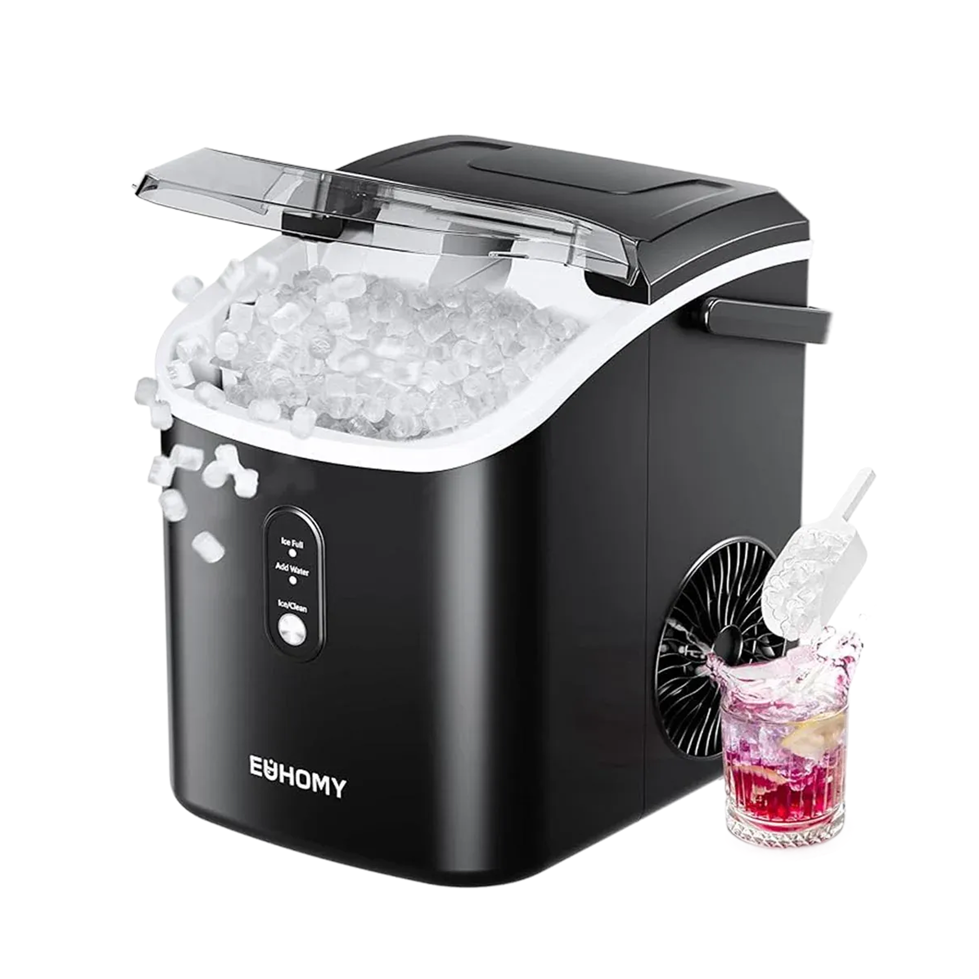 EUHOMY Pearl H1 stainless steel portable nugget ice maker with fresh nugget ice, a cold drink, and ice scoop.
