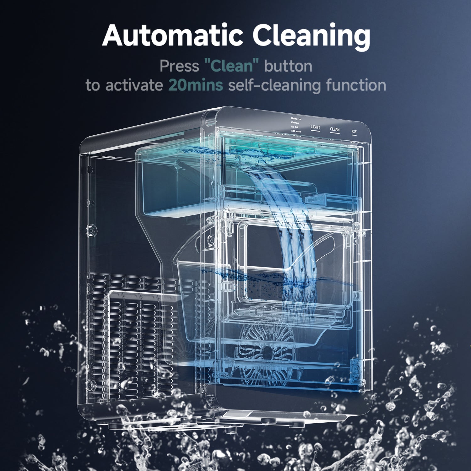 Euhomy Pearl L1 Plus nugget ice maker: automatic cleaning cycle with water flow. Press 'Clean' for 20 min self-cleaning.