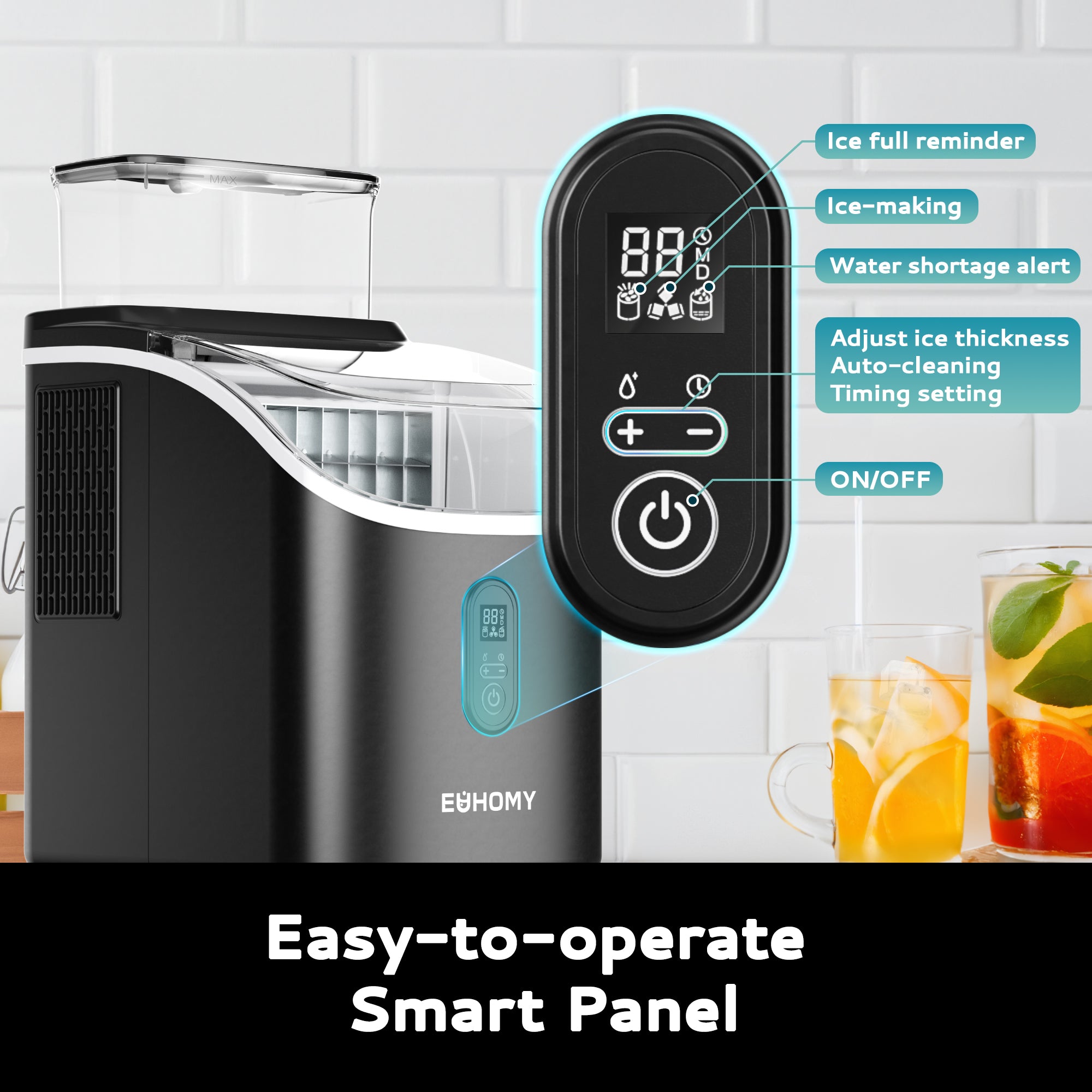 Euhomy Tile SE black ice maker with smart panel, ready to make ice for drinks. Features auto-cleaning.