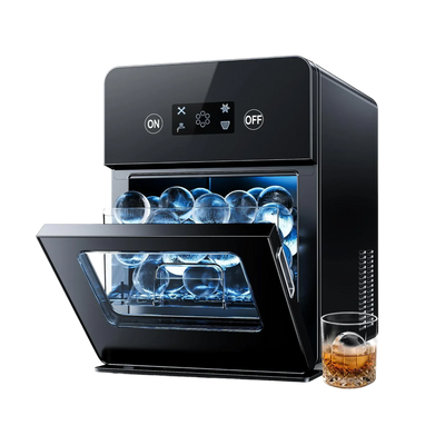 Euhomy Rock SE sphere ice maker with crystal-clear ice spheres and whiskey glass