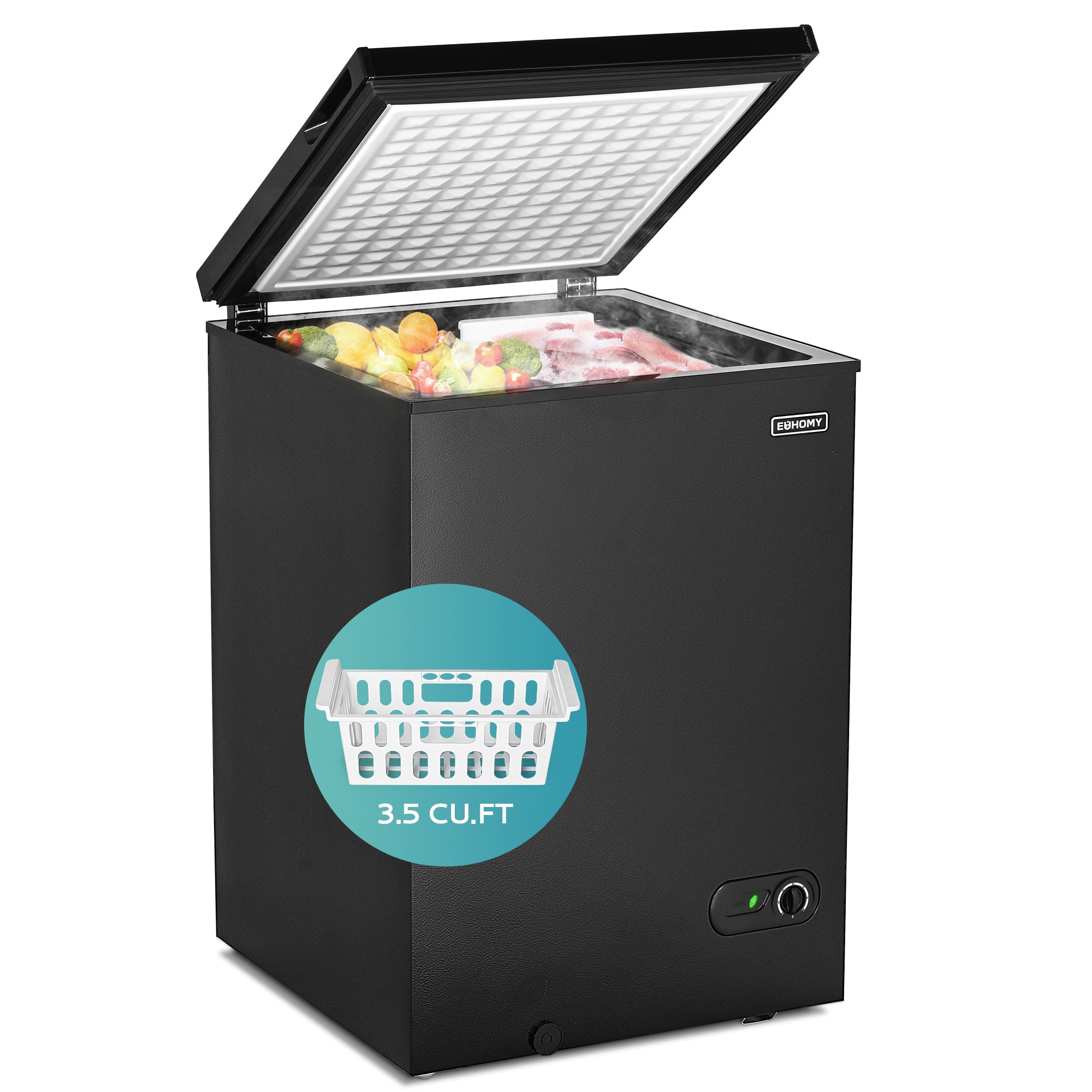 Black Euhomy 3.5 cu ft chest freezer, open lid showing food and removable basket. Capacity showcase.