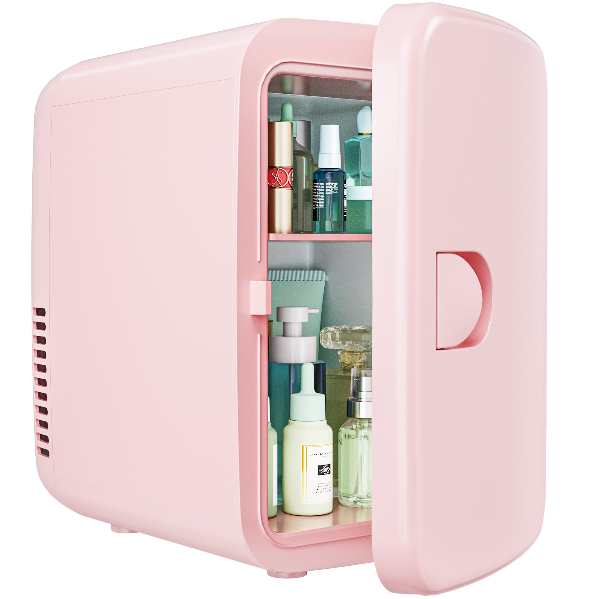 Pink EUHOMY mini beauty fridge with door open, showcasing skincare products and cosmetics inside.