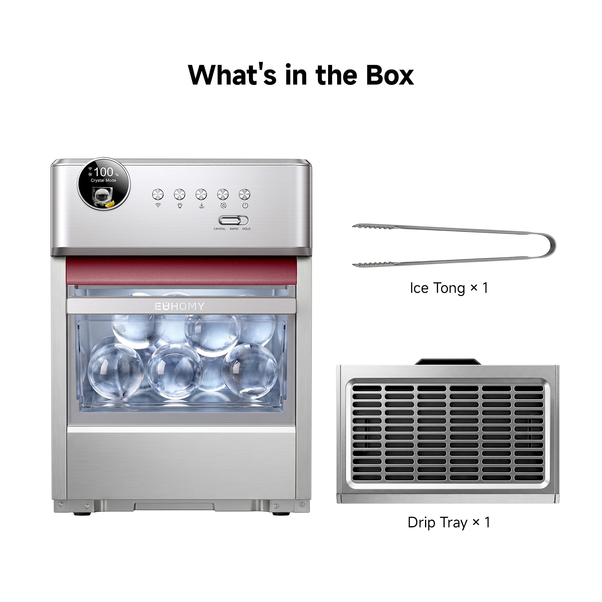 Euhomy Rock Pro sphere ice maker with ice tongs, drip tray and crystal ice spheres