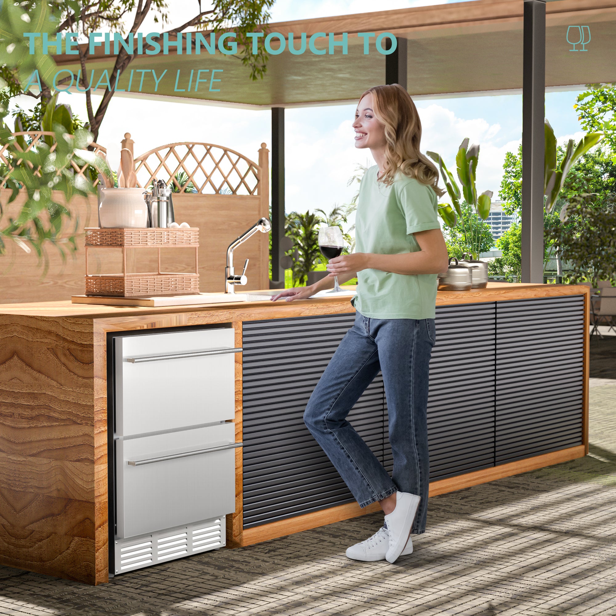 Woman enjoying wine by EUHOMY 24-inch stainless steel double drawer under-counter refrigerator in outdoor kitchen.