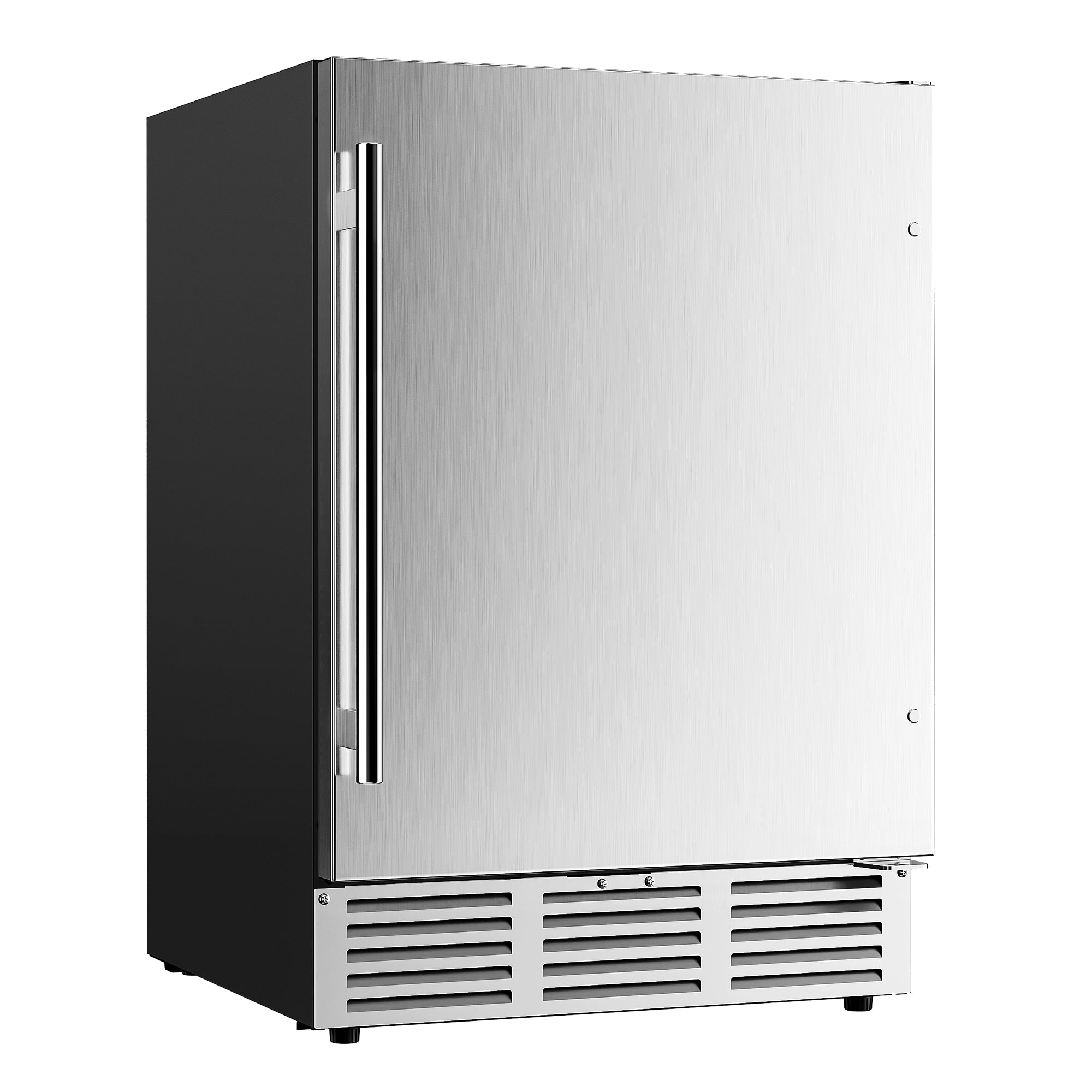 EUHOMY 5.3 cu ft under counter beverage fridge exterior, stainless steel, glass door, front vent, built-in or freestanding.