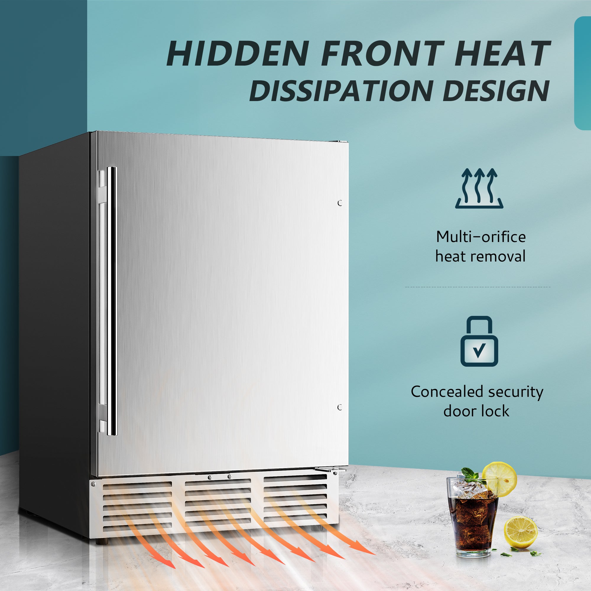 EUHOMY beverage fridge exterior showing hidden front heat dissipation and concealed security lock, with cola and lemon.