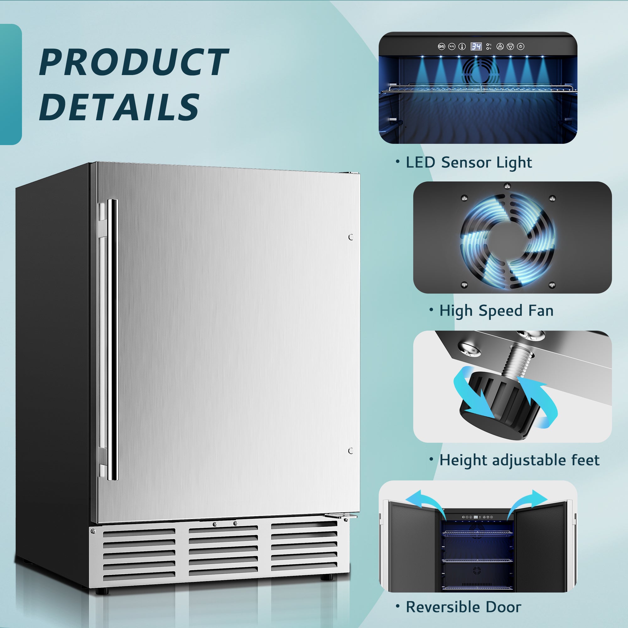 EUHOMY 24-inch stainless steel beverage fridge details: LED light, fan, adjustable feet, reversible door.
