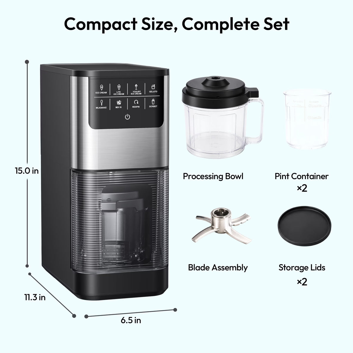 EUHOMY Ice Cream Maker with 8 One-Touch Programs, Makes Ice Cream, Gelato, Milkshakes & Sorbet, Includes 2 Pint Containers with Lids, Black/Silver