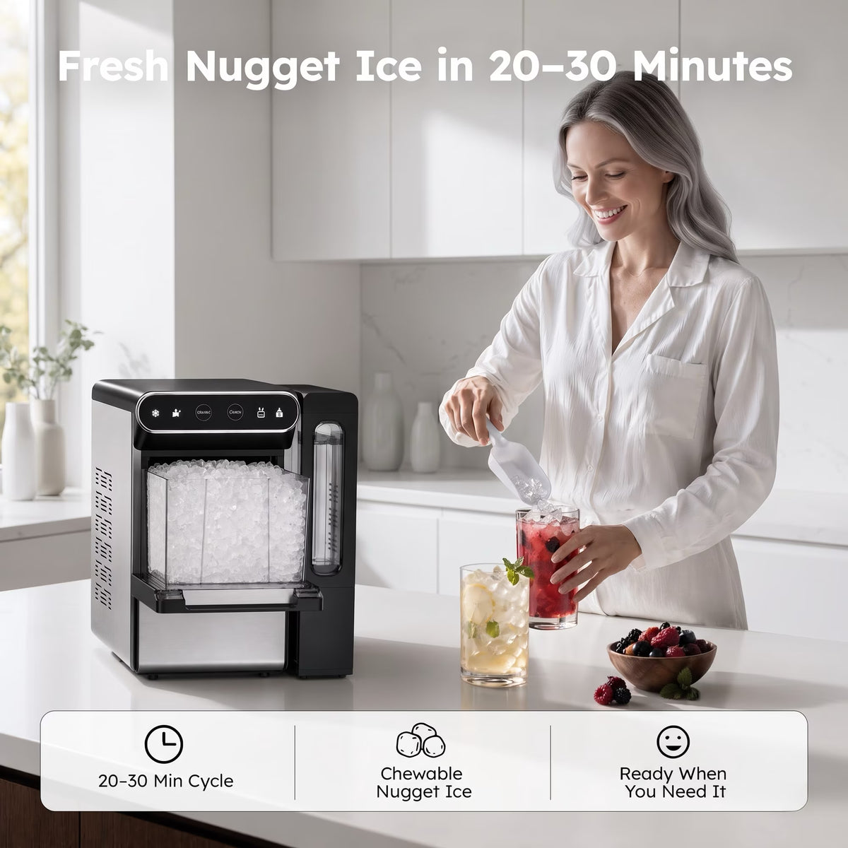EUHOMY Nugget Ice Maker Countertop 26lbs/Day, 4.3L Water Tank, Portable Chewable Ice Machine for Home, Office & Bar