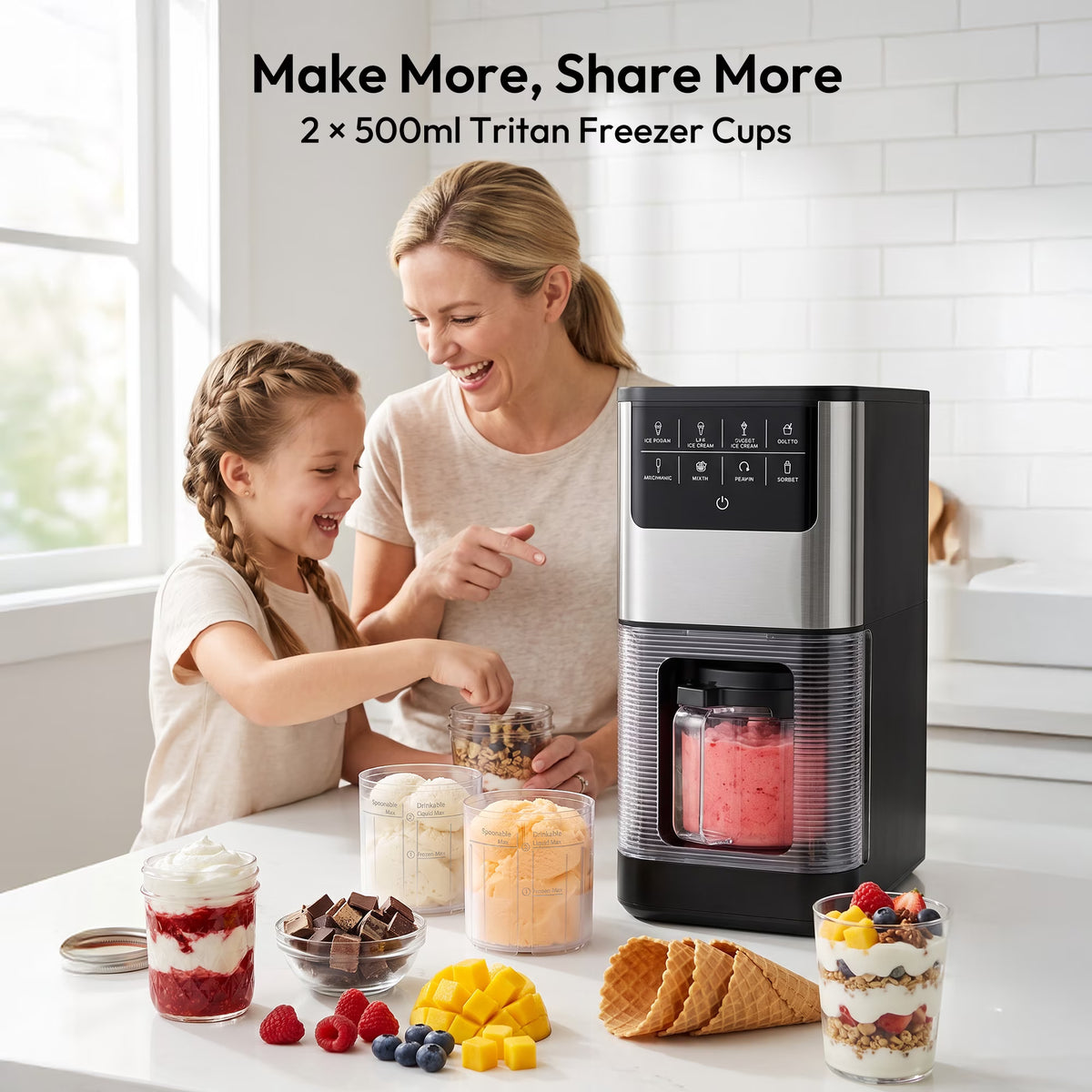 EUHOMY Ice Cream Maker with 8 One-Touch Programs, Makes Ice Cream, Gelato, Milkshakes & Sorbet, Includes 2 Pint Containers with Lids, Black/Silver