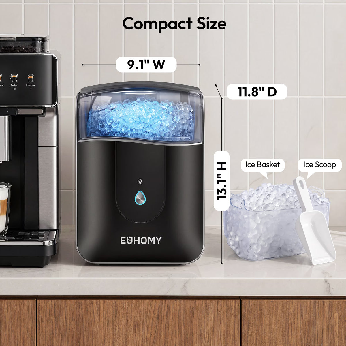 EUHOMY Countertop Nugget Ice Maker, 40 lbs/24H, Self-Cleaning, Smart App, Chewable Ice, Black