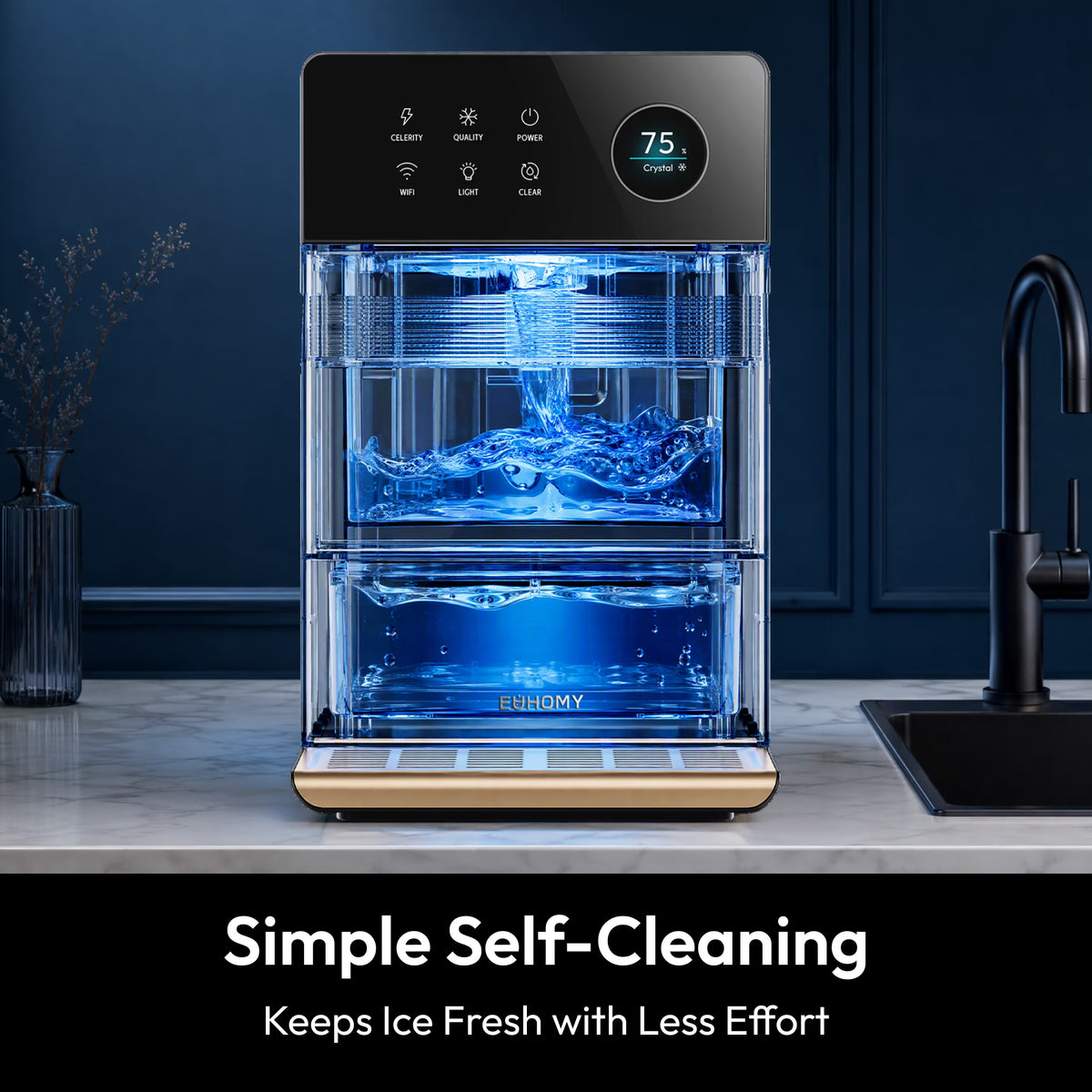 EUHOMY Countertop Clear Ice Maker, 2-Inch Large Ice Cubes, APP Control, 2 Modes, Self-Cleaning, Black