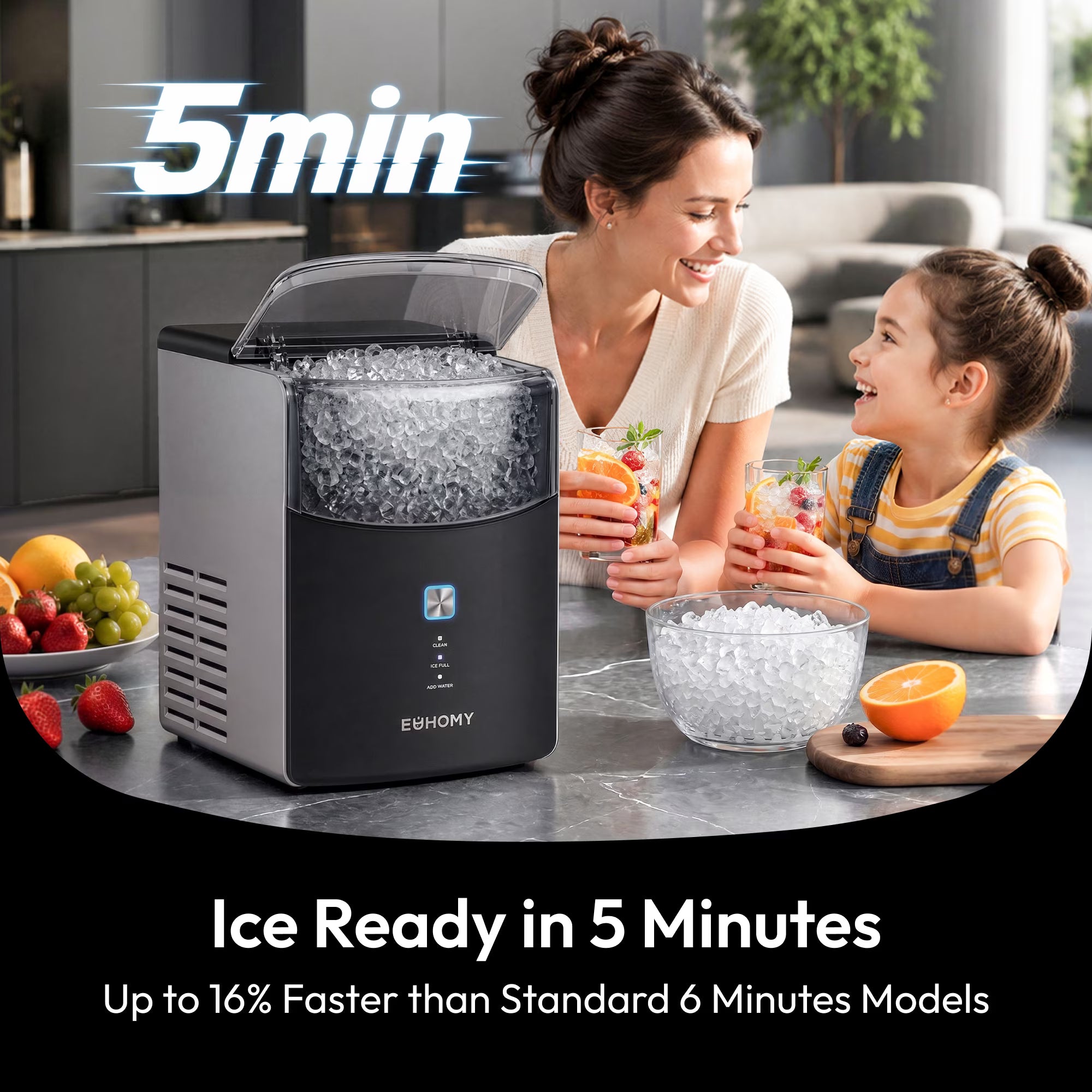 EUHOMY Countertop Nugget Ice Maker, 5-Minute Fast Ice Making, 35Lbs/24H Chewable Ice Machine with Dual-Layer Insulation, Self-Cleaning & 4 Descaling Packets, for Home, Office, Bar & RV, Black