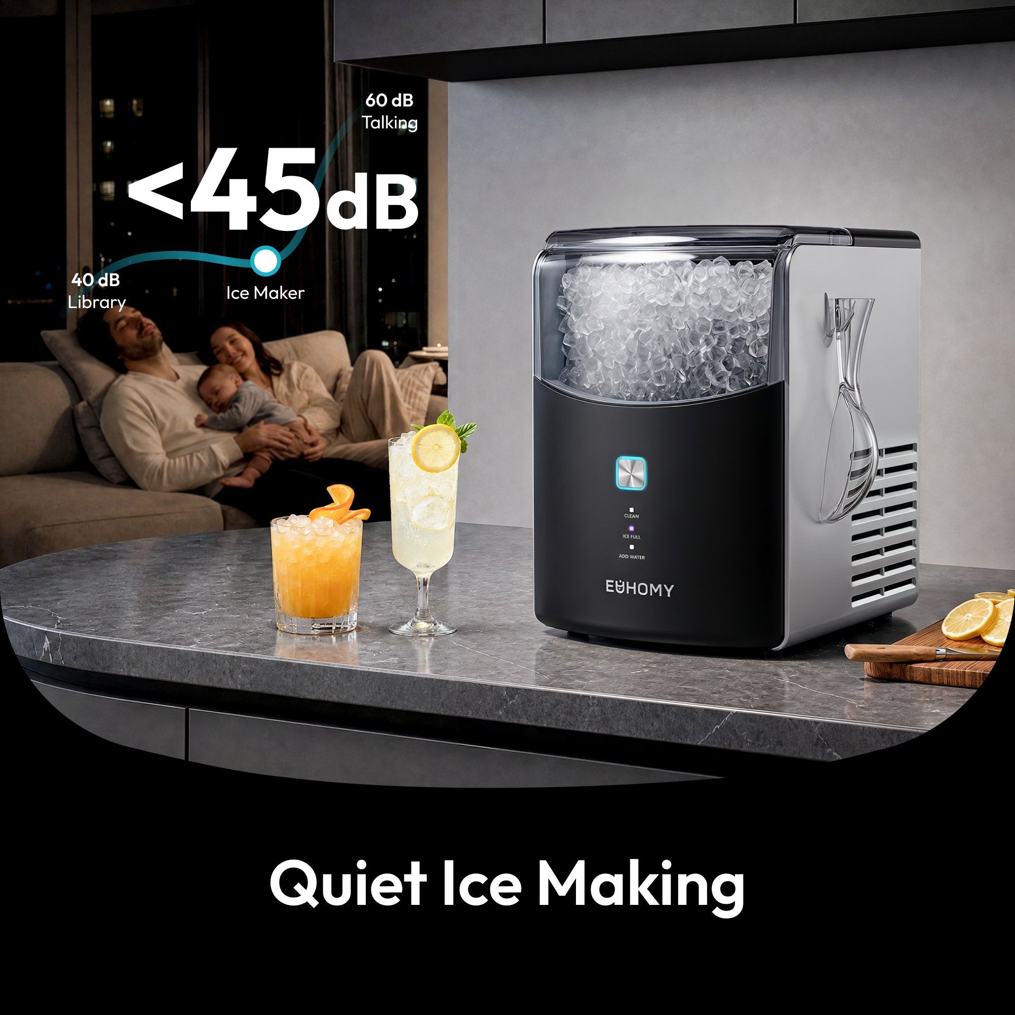 EUHOMY Countertop Nugget Ice Maker, 5-Minute Fast Ice Making, 35Lbs/24H Chewable Ice Machine with Dual-Layer Insulation, Self-Cleaning & 4 Descaling Packets, for Home, Office, Bar & RV, Black