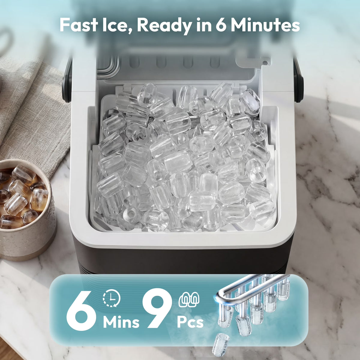 EUHOMY Countertop Ice Maker with Handle, 26 lbs/Day Portable Ice Machine, 9 Bullet Cubes in 6 Minutes, 2 Ice Sizes, Self-Cleaning, 1.1L Water Tank