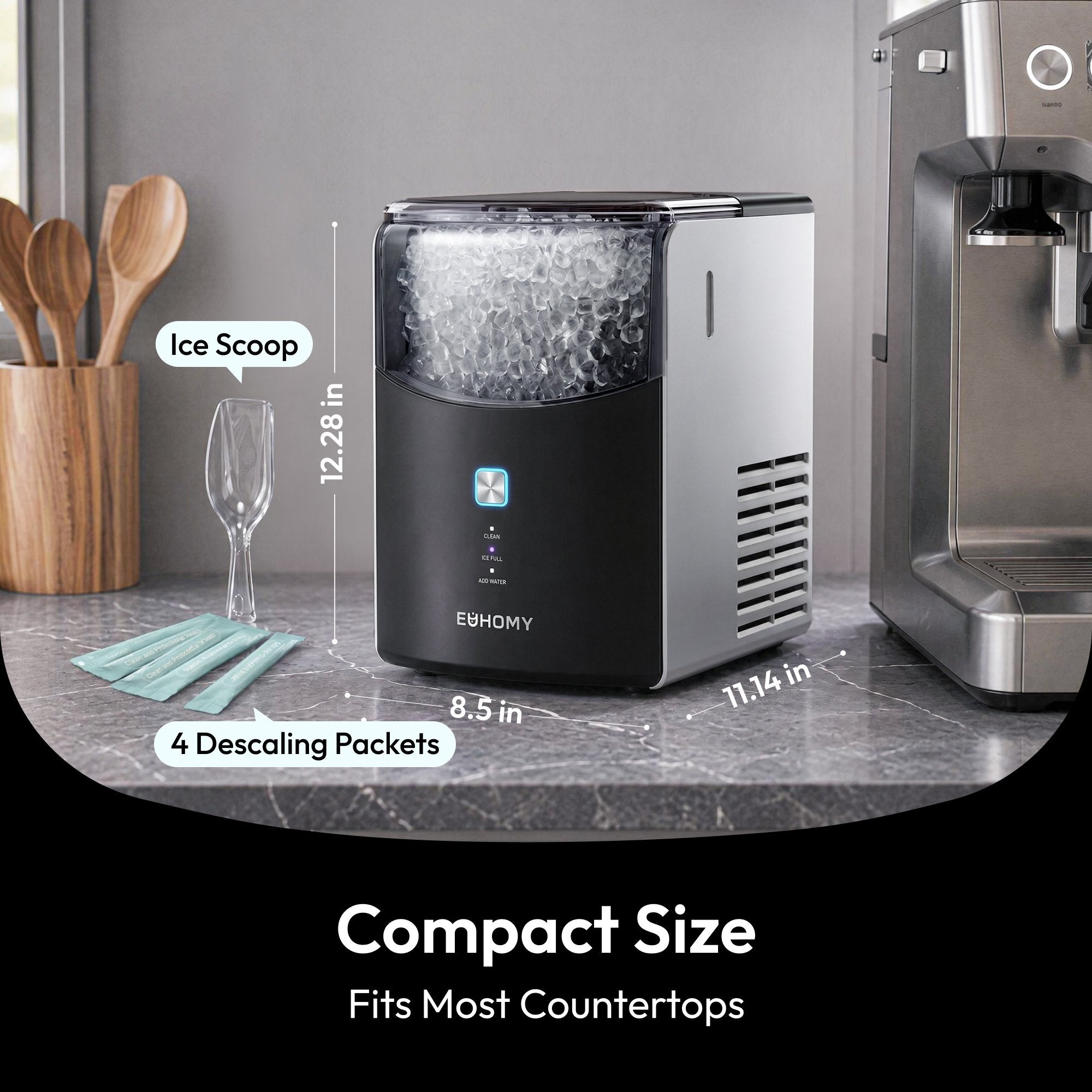 EUHOMY Countertop Nugget Ice Maker, 5-Minute Fast Ice Making, 35Lbs/24H Chewable Ice Machine with Dual-Layer Insulation, Self-Cleaning & 4 Descaling Packets, for Home, Office, Bar & RV, Black