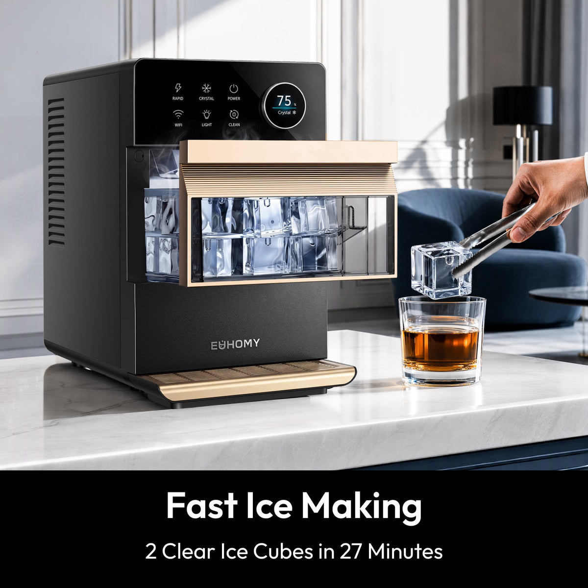 EUHOMY Countertop Clear Ice Maker, 2-Inch Large Ice Cubes, APP Control, 2 Modes, Self-Cleaning, Black
