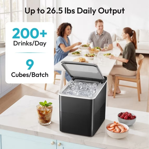 EUHOMY Countertop Ice Maker, Portable 2-Size Bullet Ice Machine with Self-Cleaning, 26.5 Lbs/24H, Black