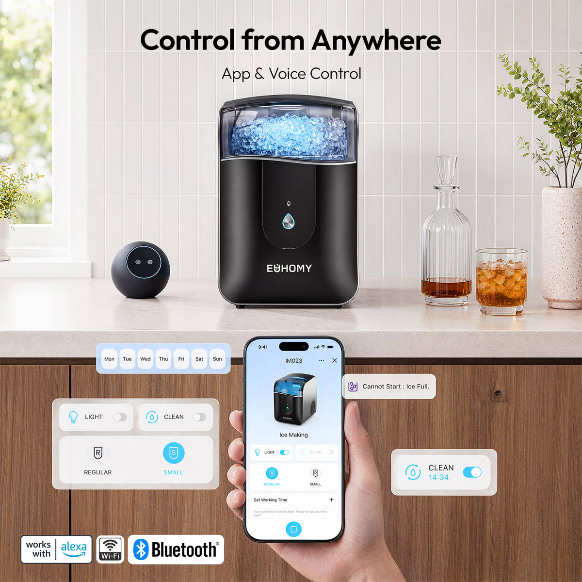 EUHOMY Countertop Nugget Ice Maker, 40 lbs/24H, Self-Cleaning, Smart App, Chewable Ice, Black