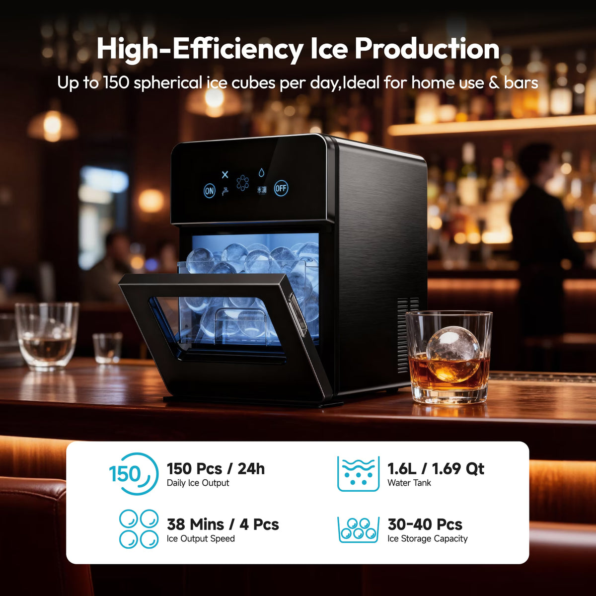 EUHOMY Commercial Sphere Ice Maker, 150 Ice Balls/Day, Self-Cleaning for Whiskey, Black