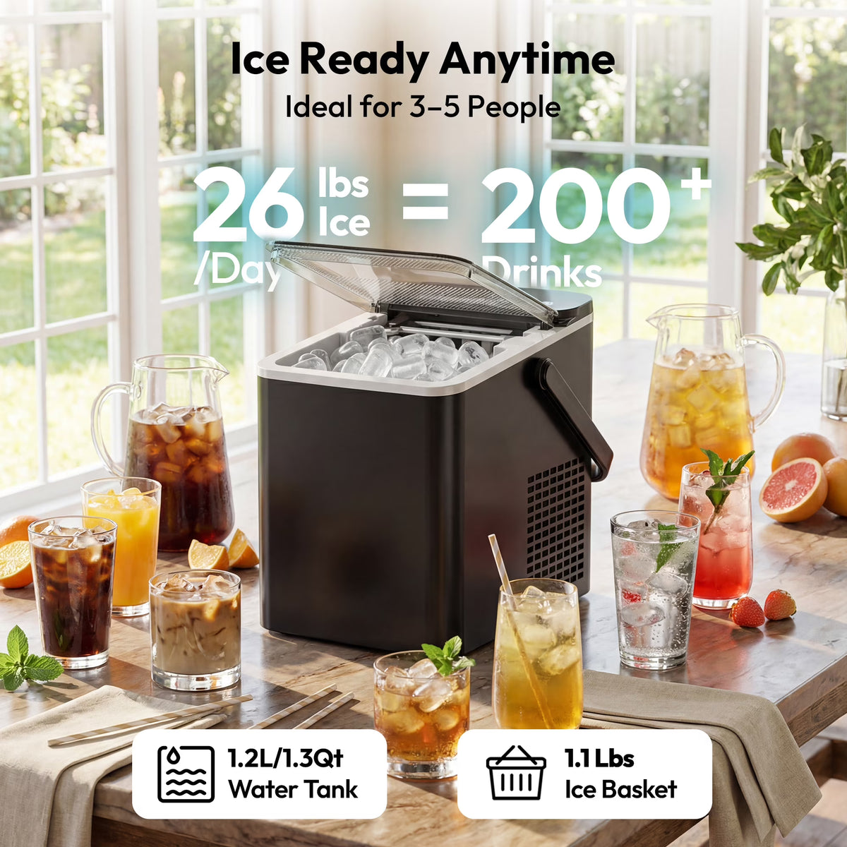 EUHOMY Countertop Ice Maker with Handle, 26 lbs/Day Portable Ice Machine, 9 Bullet Cubes in 6 Minutes, 2 Ice Sizes, Self-Cleaning, 1.1L Water Tank