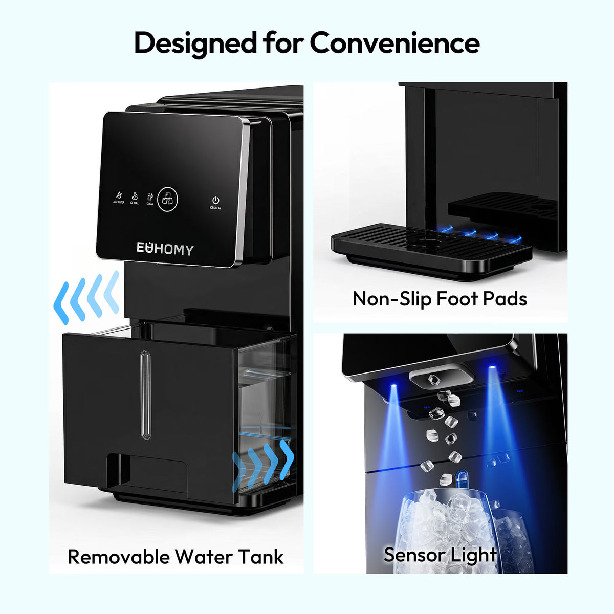 EUHOMY Countertop Nugget Ice Maker, 33 lbs/Day Chewable Pellet Ice Machine, One-Touch Dispensing, 1.8L Removable Water Tank, Self-Cleaning, Black