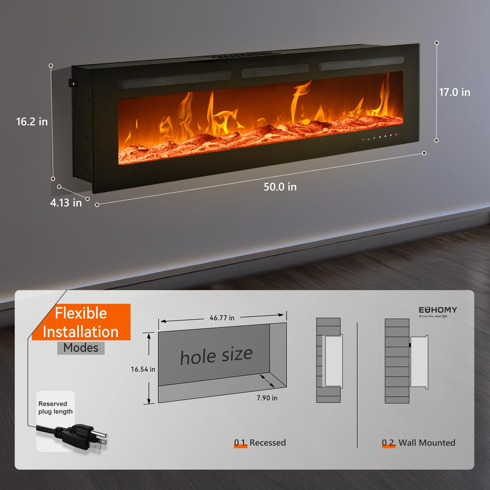 EUHOMY 50 Inch Electric Fireplace Wall Recessed and Wall Mounted with Adjustable Flame Color, Fireplace Heater with Remote Control, Linear Fireplace with Timer, Touch Screen, Log & Crystal, 750/1500W