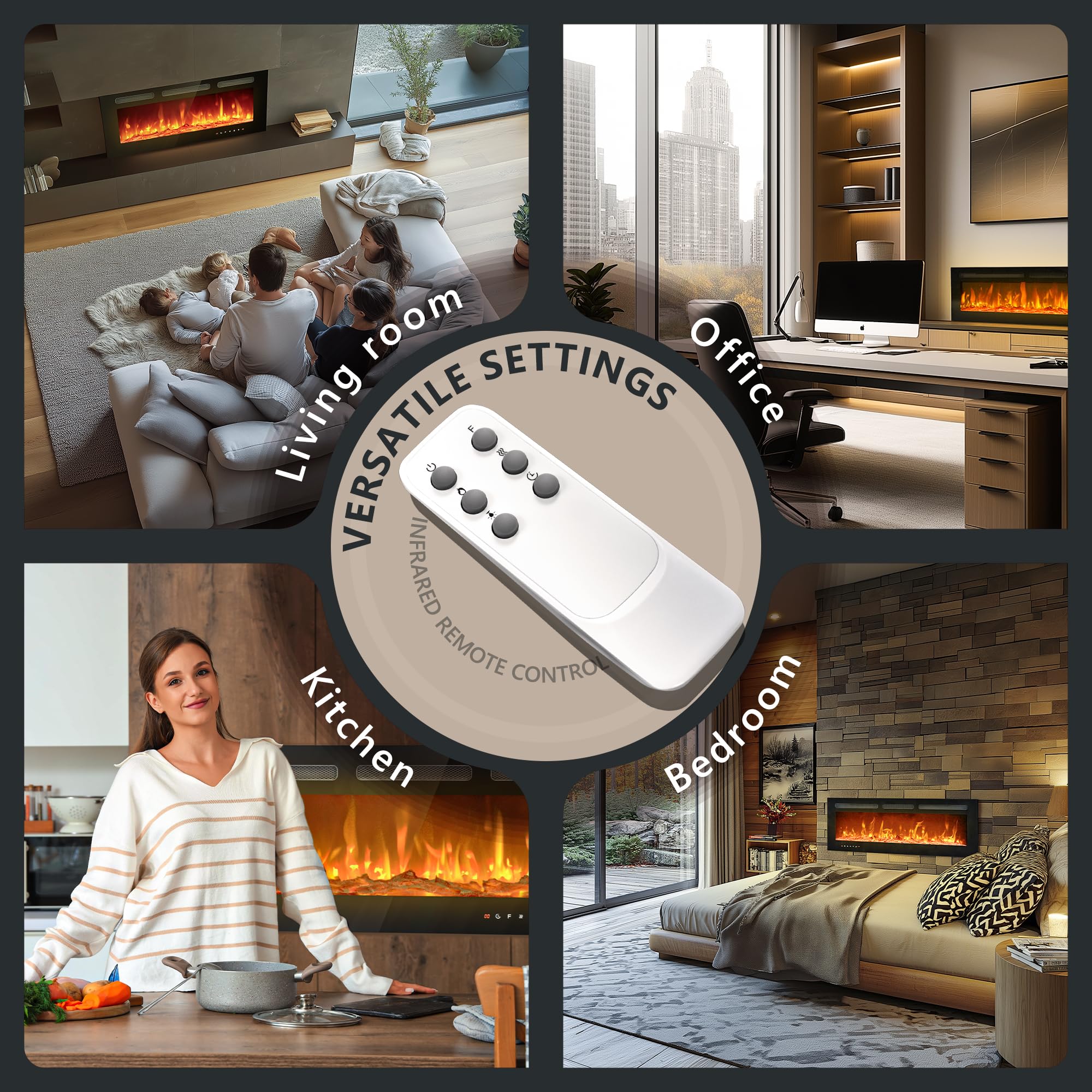 EUHOMY 50 Inch Electric Fireplace Wall Recessed and Wall Mounted with Adjustable Flame Color, Fireplace Heater with Remote Control, Linear Fireplace with Timer, Touch Screen, Log & Crystal, 750/1500W