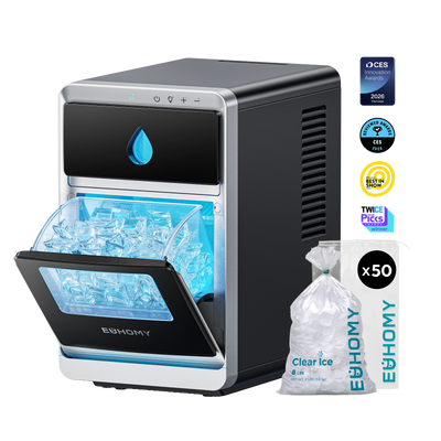 Euhomy clear ice maker with open drawer, ice basket, and x50 clear ice bags